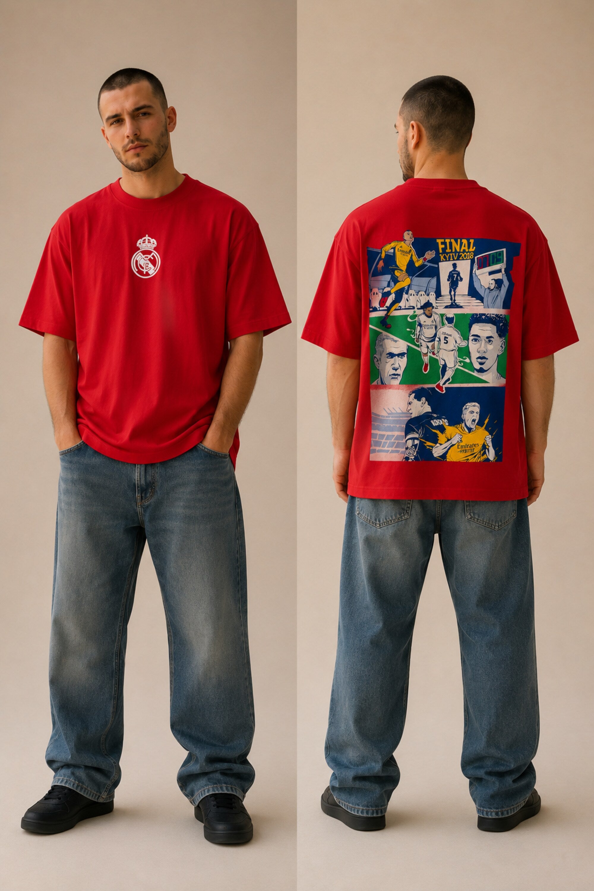 Man wearing a white oversized Real Madrid t-shirt with a circular club crest logo, paired with olive green pants and black sneakers, posing casually with hands in pockets. - red