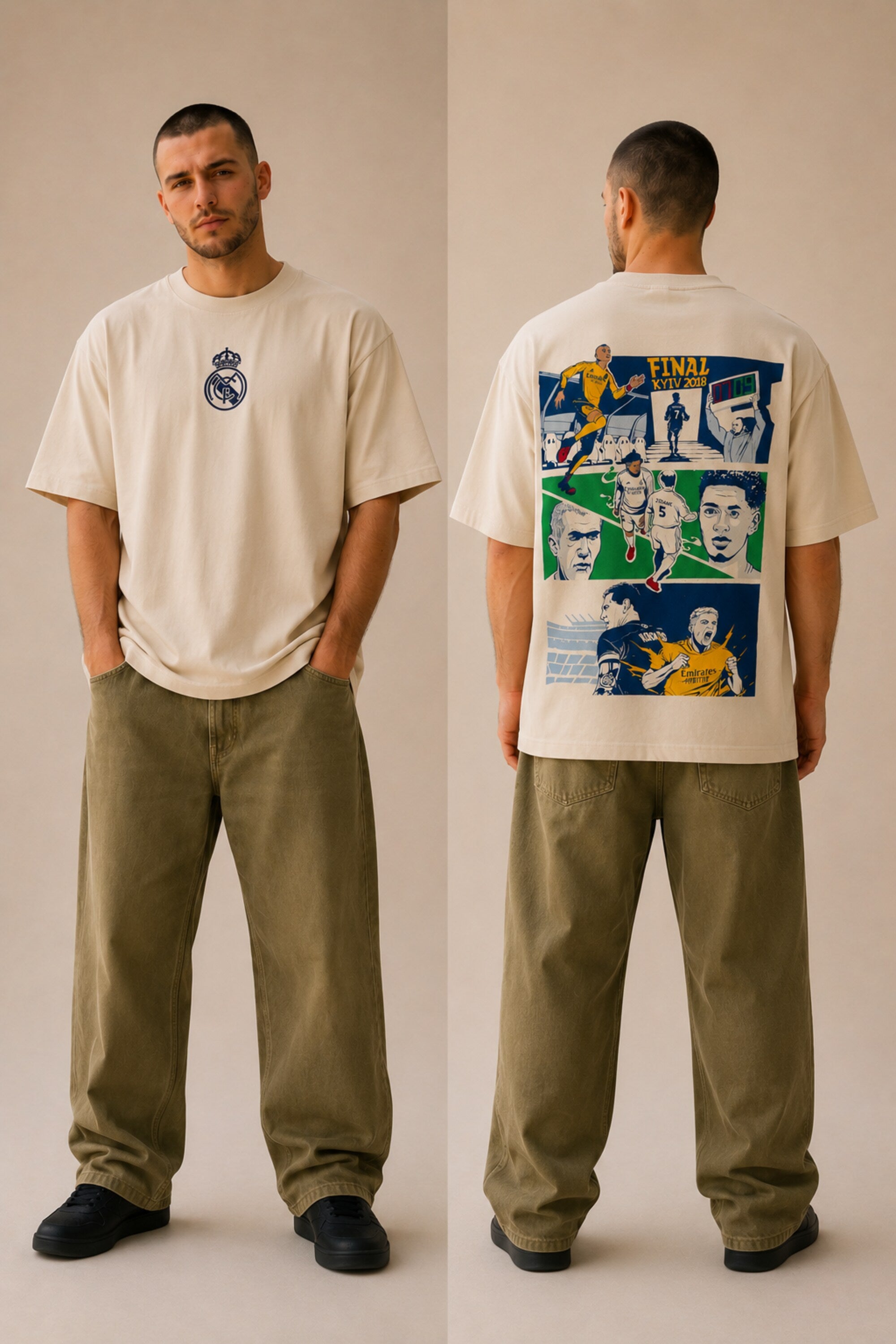 Man wearing a white oversized Real Madrid t-shirt with a circular club crest logo, paired with olive green pants and black sneakers, posing casually with hands in pockets. - beige