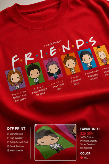 Red t-shirt with 'FRIENDS' character illustrations and text on a red background