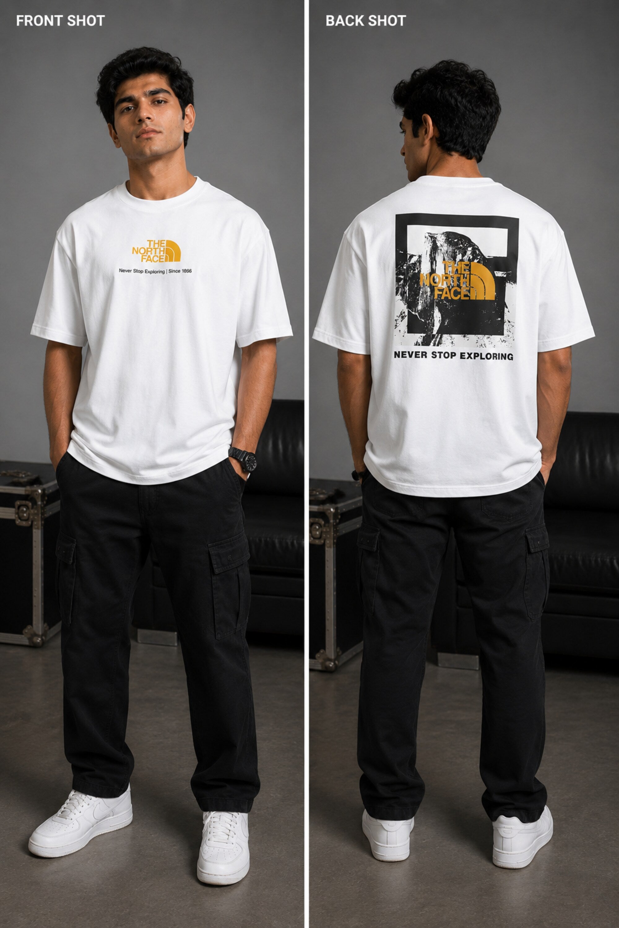 Man wearing FROM THE NORTH oversized t-shirt in beige with black cargo pants and white sneakers. Features The North Face logo and graphic on front and back.