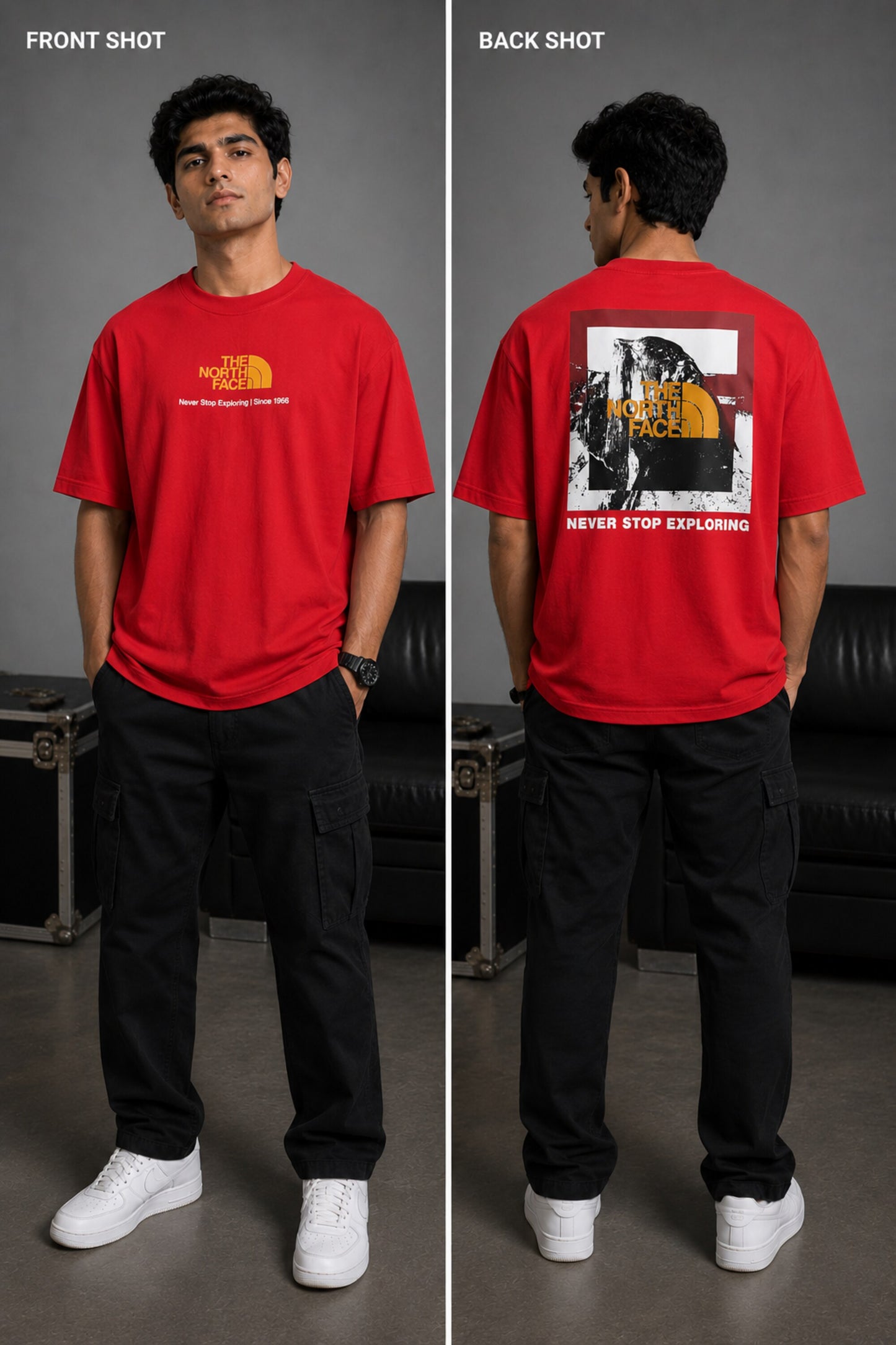 Man wearing FROM THE NORTH oversized t-shirt in beige with black cargo pants and white sneakers. Features The North Face logo and graphic on front and back.