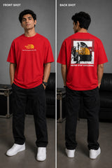 Man wearing FROM THE NORTH oversized t-shirt in beige with black cargo pants and white sneakers. Features The North Face logo and graphic on front and back.