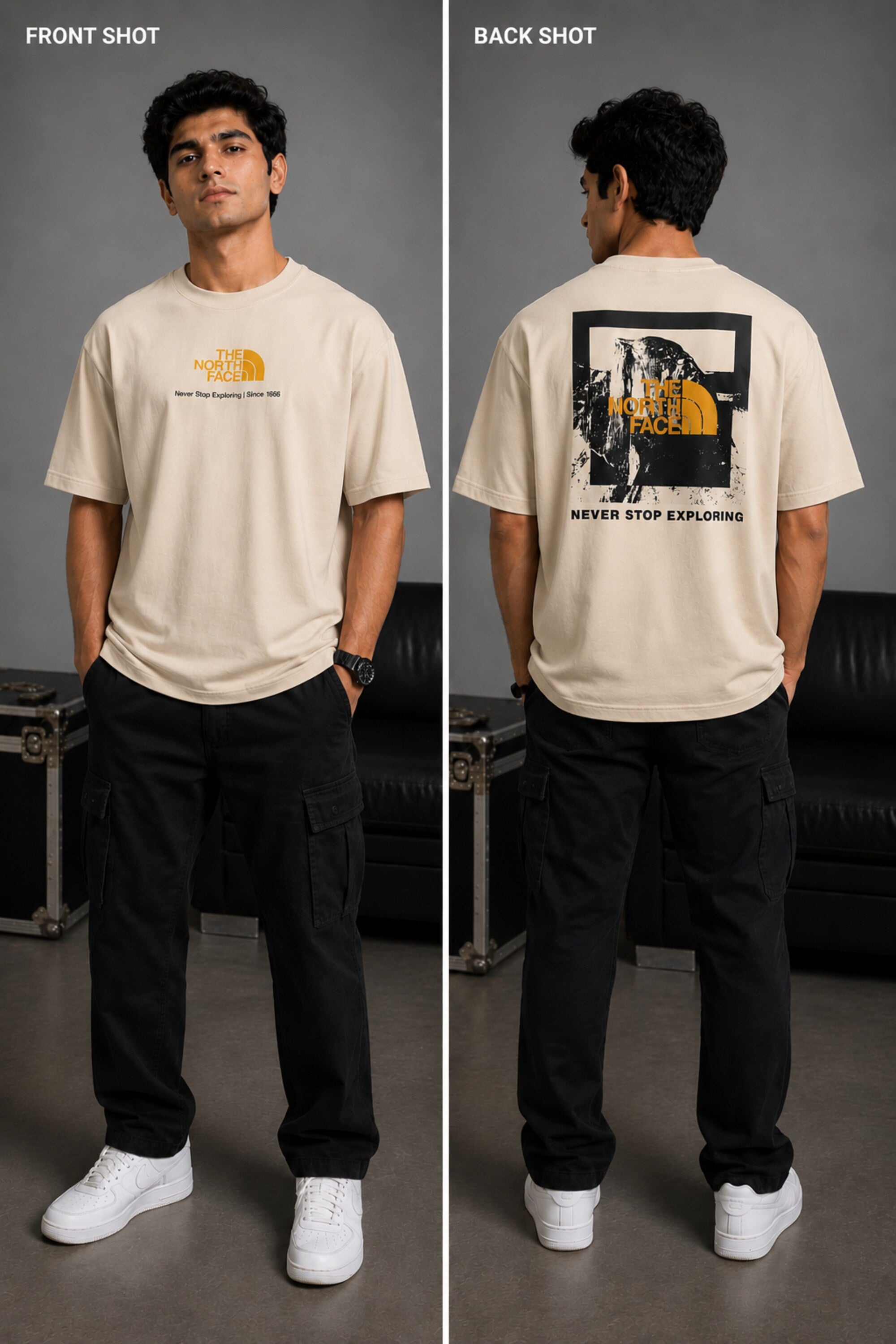 Man wearing FROM THE NORTH oversized t-shirt in beige with black cargo pants and white sneakers. Features The North Face logo and graphic on front and back.