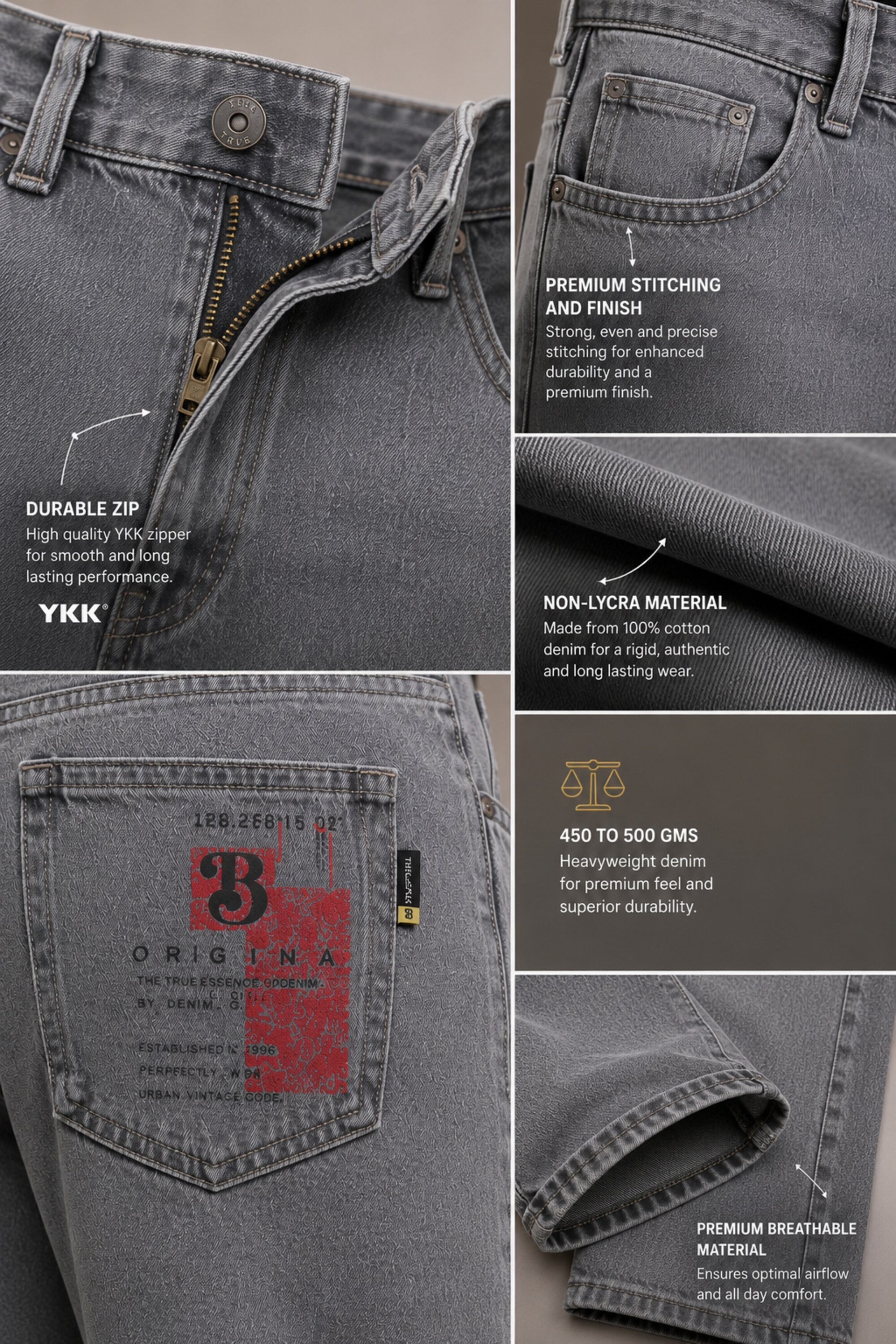 Gray jeans with text highlighting features like durable zip, premium stitching, and non-irritant material.