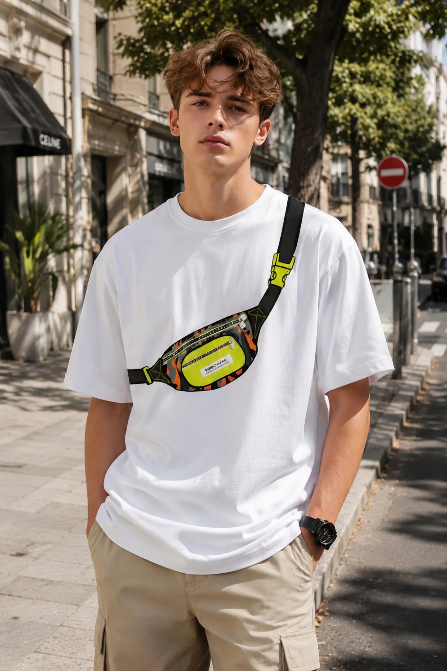 POPCASE GenZ urban graphic oversized t shirt white with bold colorful camo DTF print design streetwear lifestyle shot