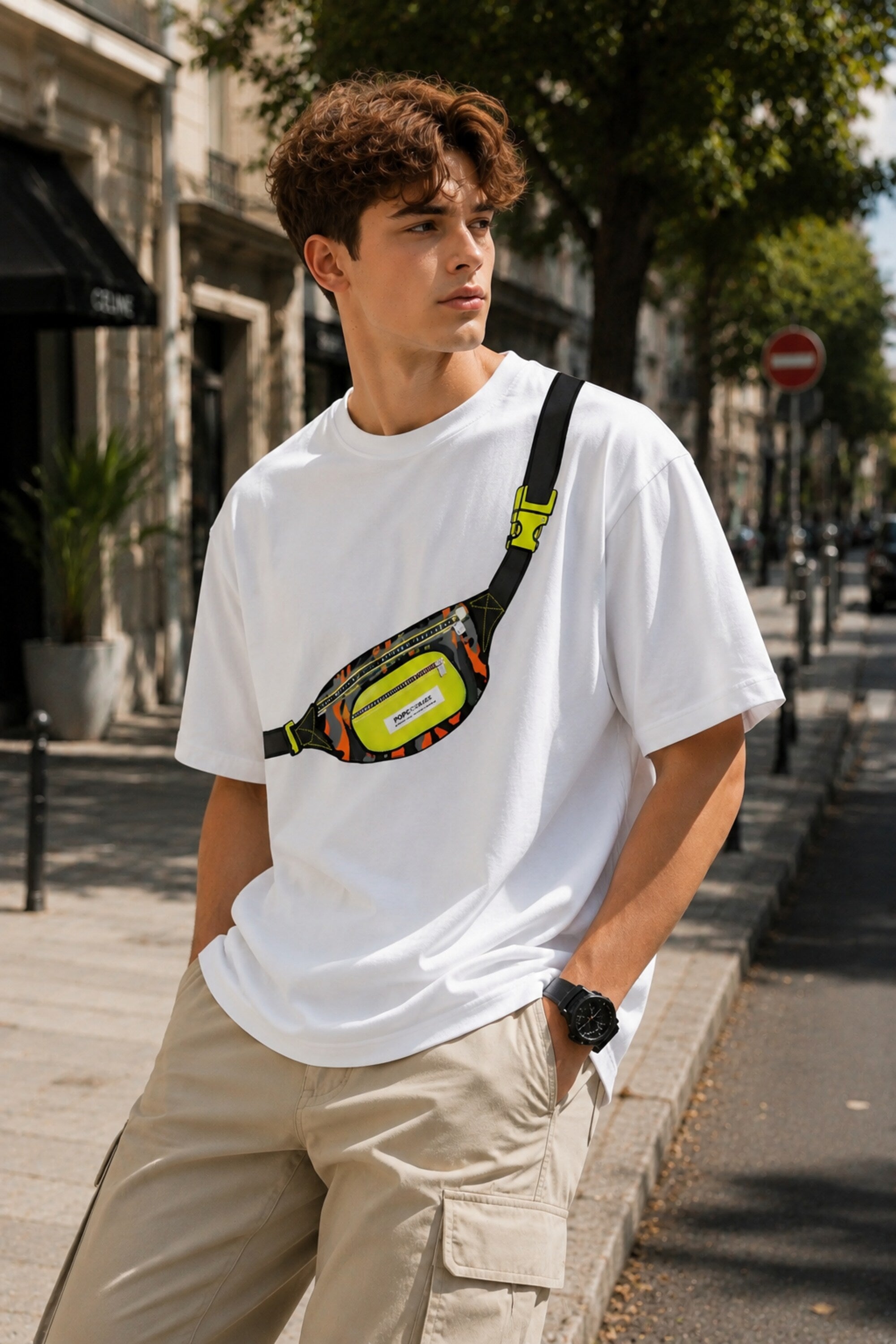 POPCASE GenZ urban graphic oversized t shirt white with bold colorful camo DTF print design streetwear lifestyle shot