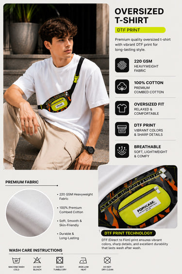 POPCASE GenZ urban graphic oversized t shirt white with bold colorful camo DTF print design streetwear lifestyle shot