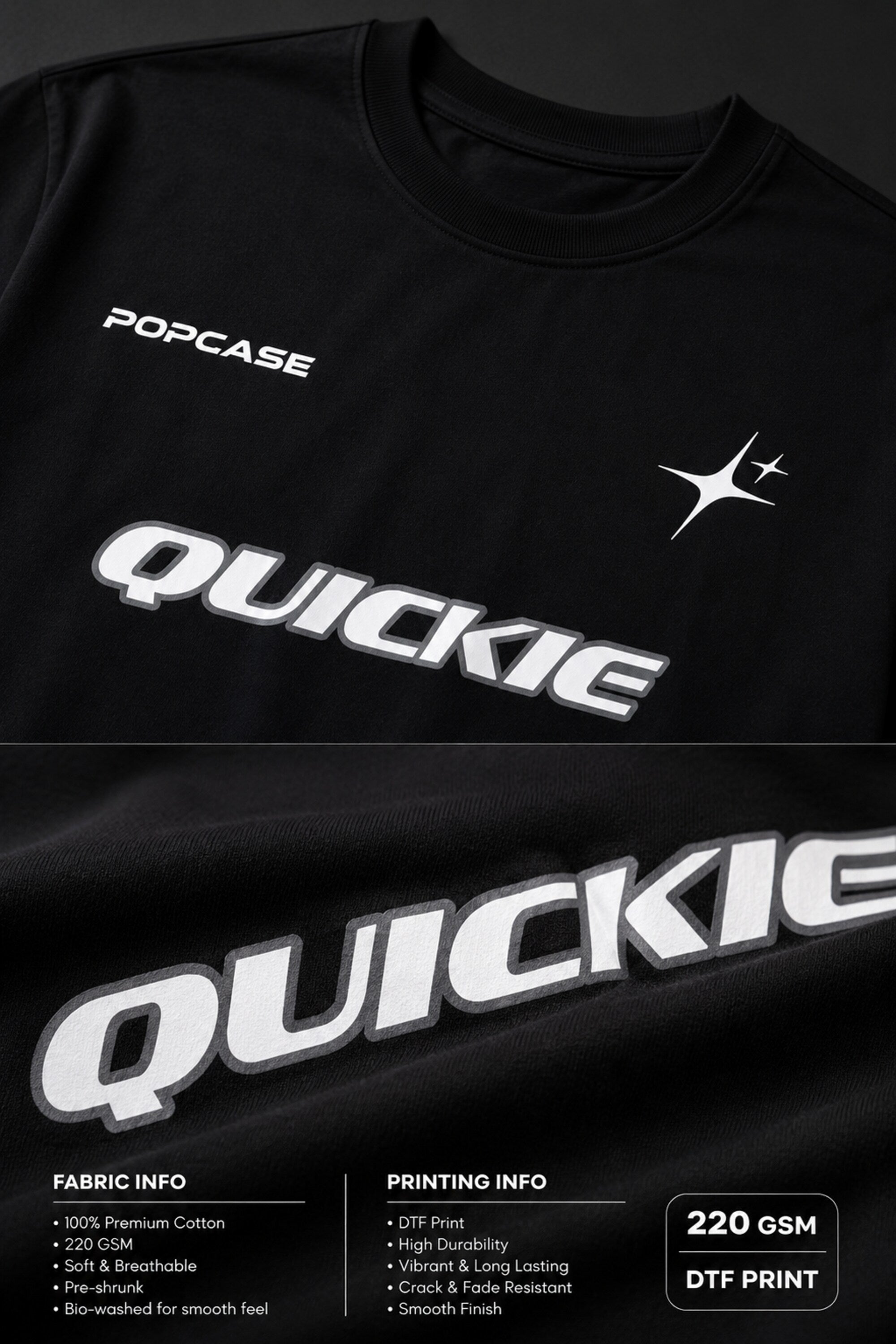 Black QUICKE oversized t-shirt featuring bold white graphic print on the chest and back. Showcasing premium fabric details and relaxed fit.