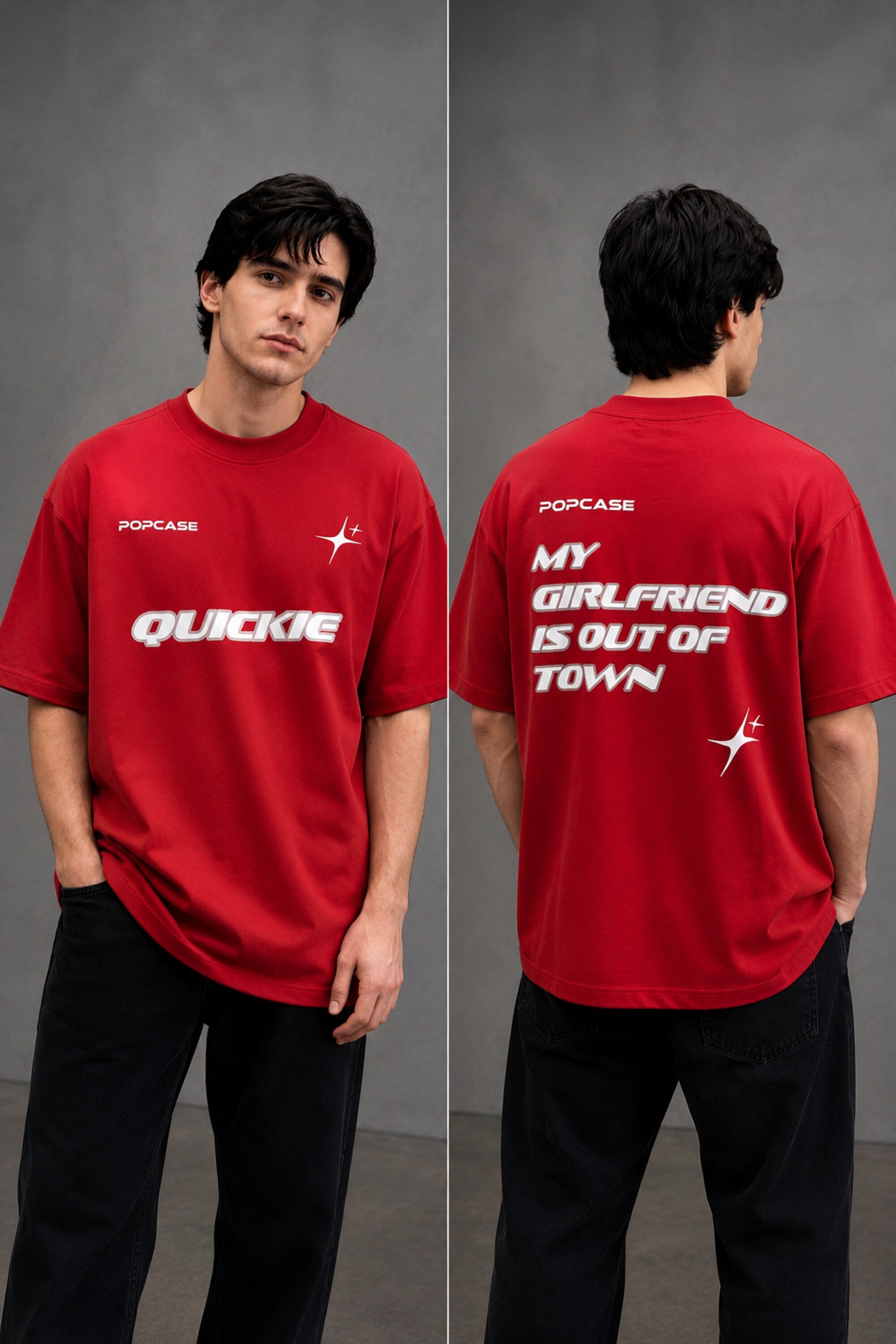 Black QUICKE oversized t-shirt featuring bold white graphic print on the chest and back. Showcasing premium fabric details and relaxed fit. - red