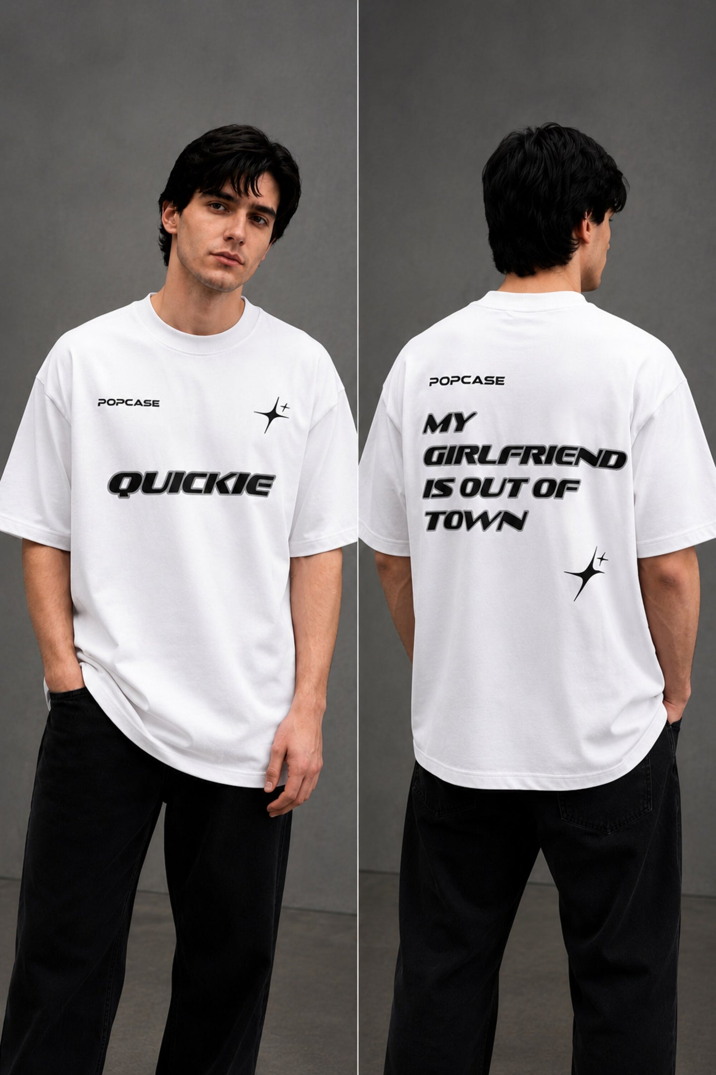 Black QUICKE oversized t-shirt featuring bold white graphic print on the chest and back. Showcasing premium fabric details and relaxed fit. - white