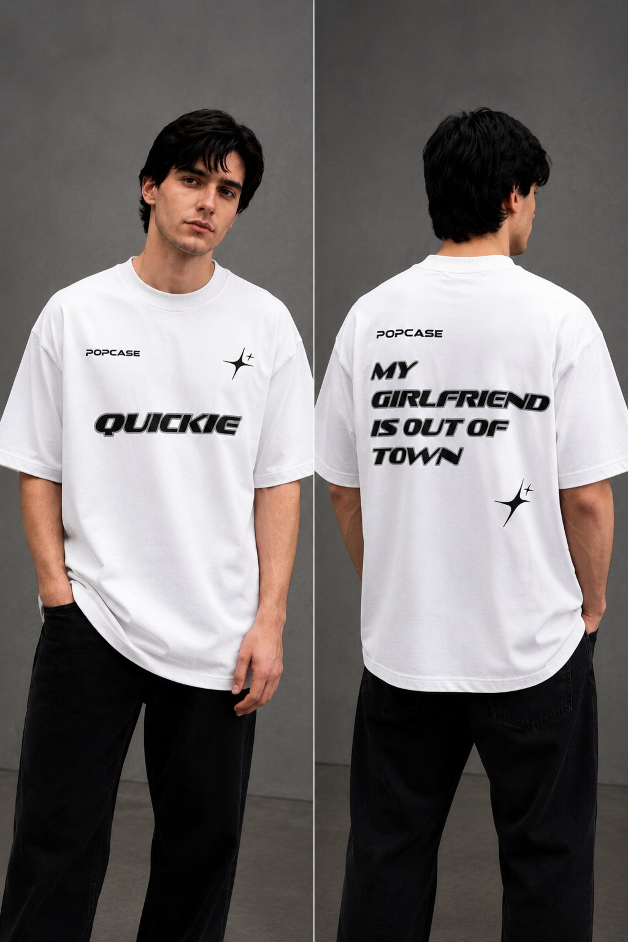 Black QUICKE oversized t-shirt featuring bold white graphic print on the chest and back. Showcasing premium fabric details and relaxed fit. - white