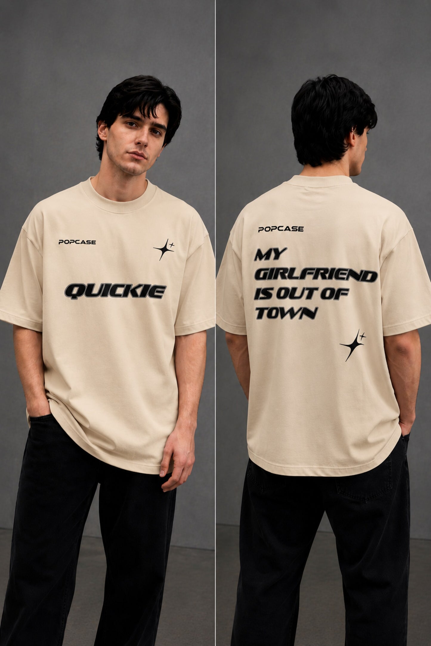Black QUICKE oversized t-shirt featuring bold white graphic print on the chest and back. Showcasing premium fabric details and relaxed fit. - beige