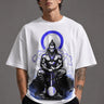 White oversized t-shirt featuring a striking black and blue graphic of Hanuman Dada, with a large blue halo. Designed for a relaxed, streetwear fit. - white