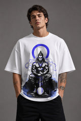 White oversized t-shirt featuring a striking black and blue graphic of Hanuman Dada, with a large blue halo. Designed for a relaxed, streetwear fit. - white