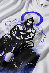 White oversized t-shirt featuring a striking black and blue graphic of Hanuman Dada, with a large blue halo. Designed for a relaxed, streetwear fit.