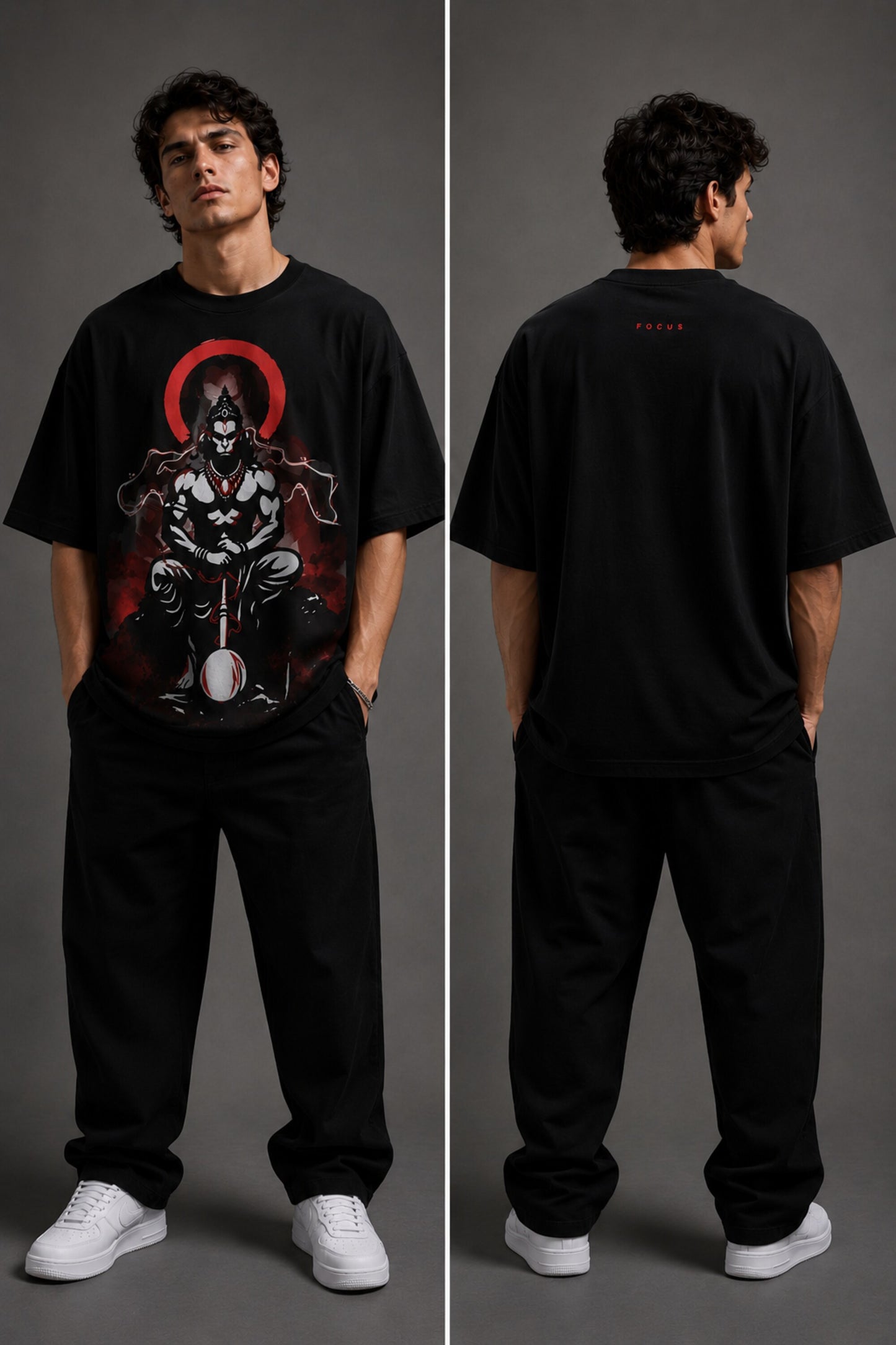White oversized t-shirt featuring a striking black and blue graphic of Hanuman Dada, with a large blue halo. Designed for a relaxed, streetwear fit. - black