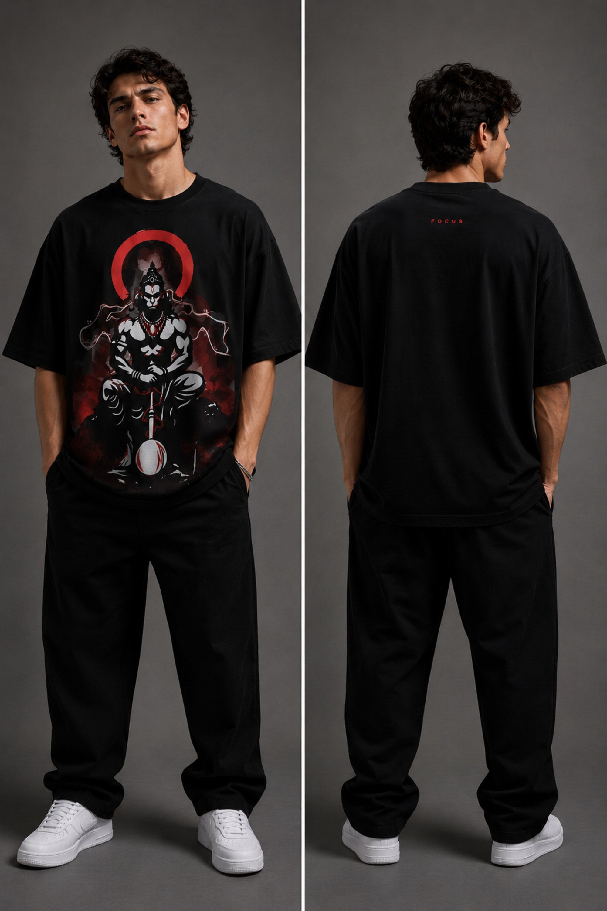 White oversized t-shirt featuring a striking black and blue graphic of Hanuman Dada, with a large blue halo. Designed for a relaxed, streetwear fit. - black