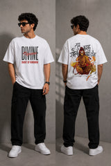Man wearing a red PROJECTOR HANUMANJI oversized t-shirt with black pants and white sneakers, sitting on metal stairs. - white