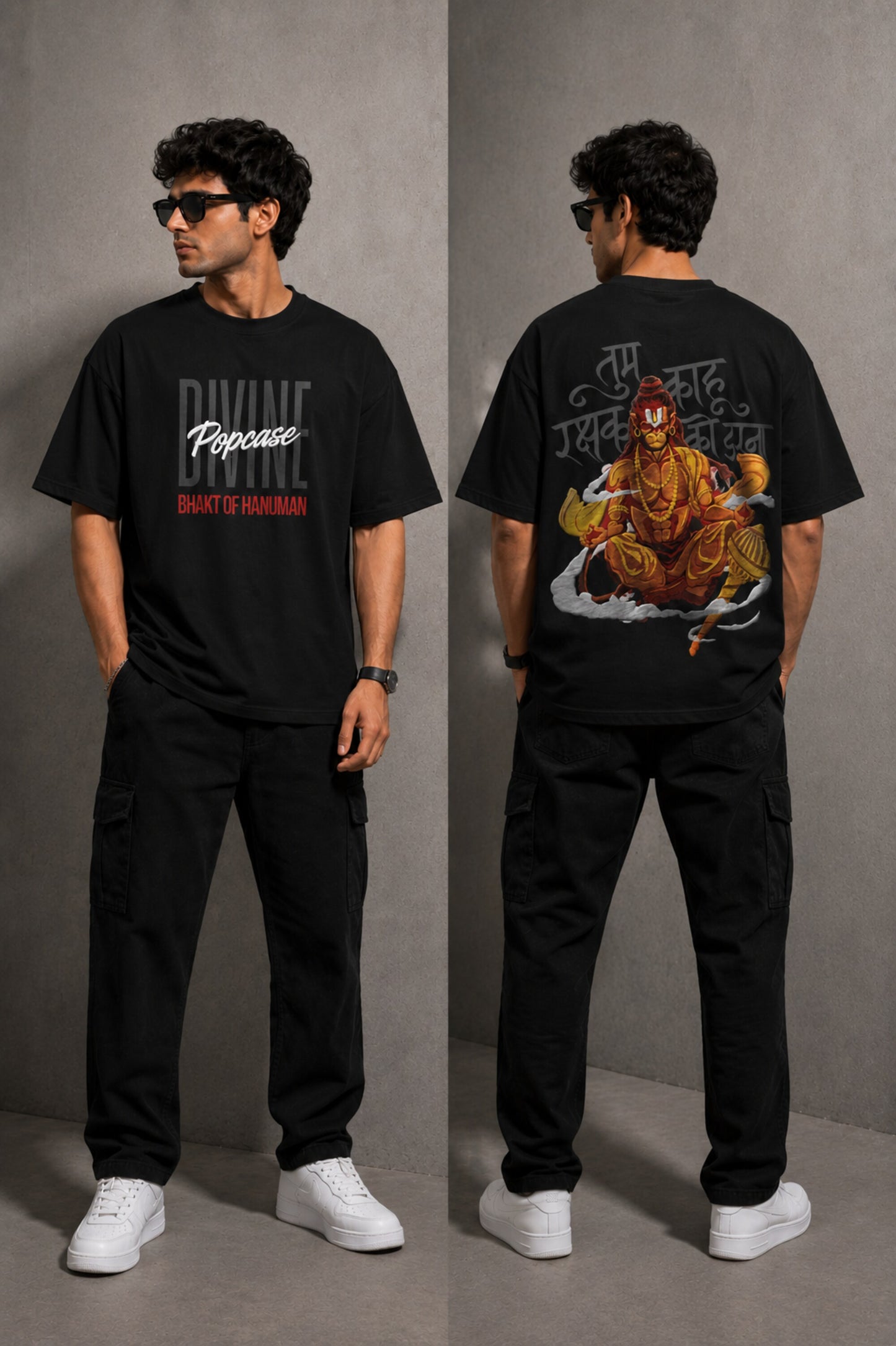 Man wearing a red PROJECTOR HANUMANJI oversized t-shirt with black pants and white sneakers, sitting on metal stairs. - black