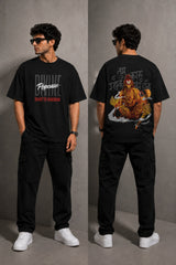 Man wearing a red PROJECTOR HANUMANJI oversized t-shirt with black pants and white sneakers, sitting on metal stairs. - black