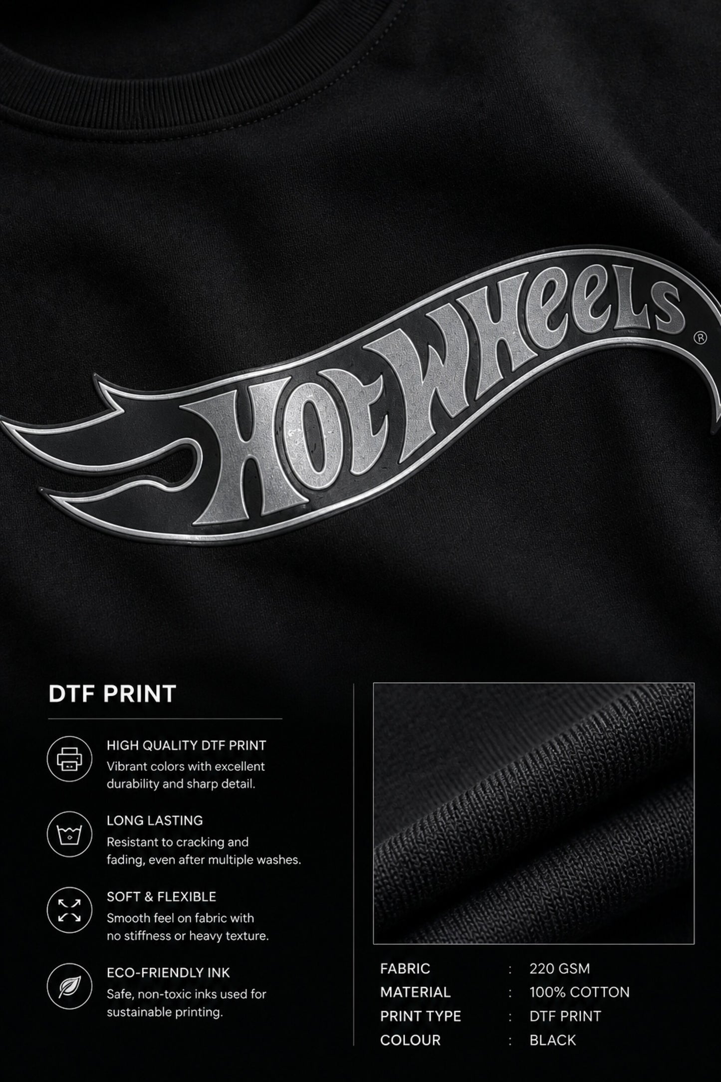 A couple wearing matching black oversized Hot Wheels t-shirts and light wash jeans, posing intimately against a neutral background.