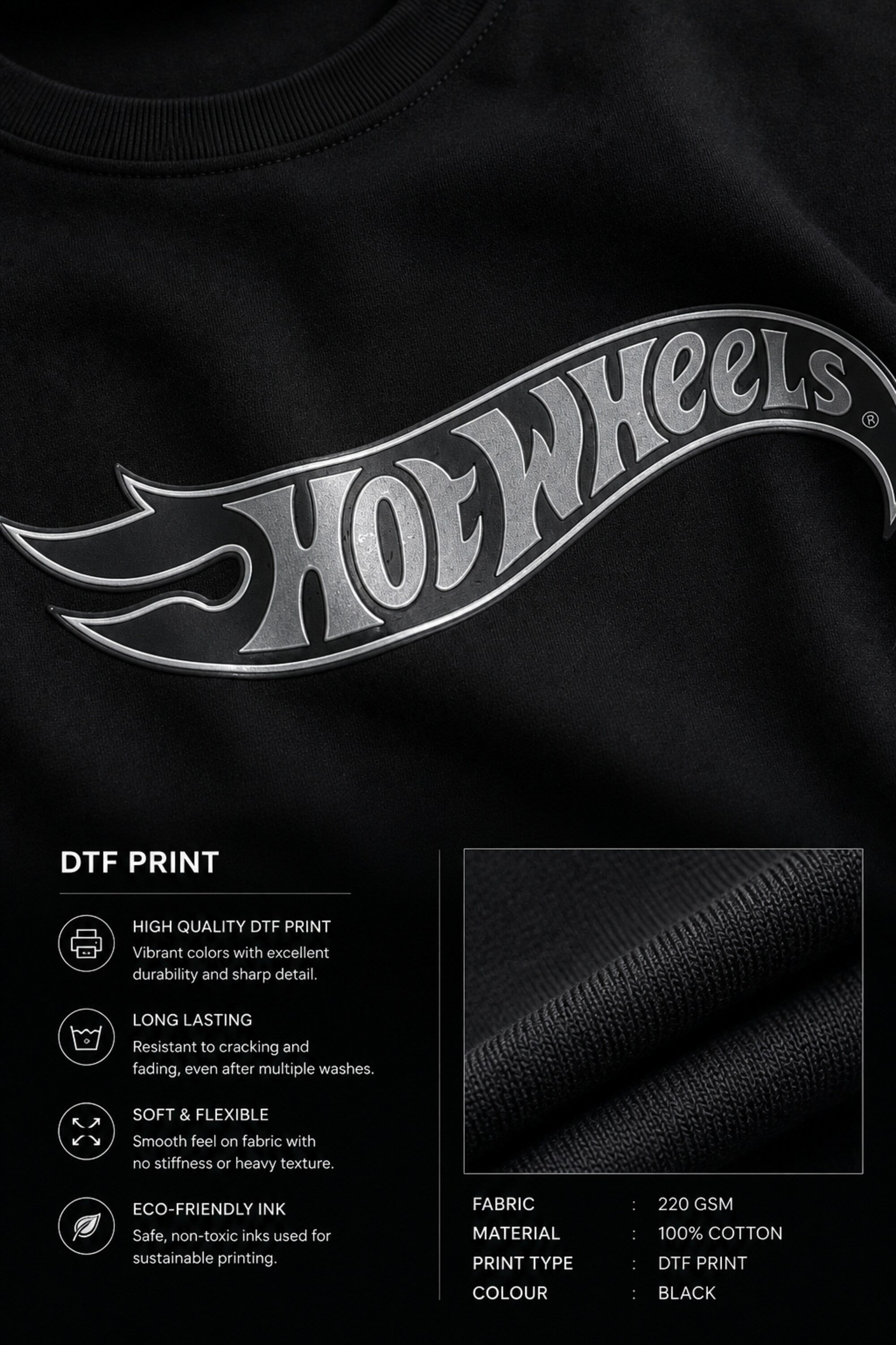 A couple wearing matching black oversized Hot Wheels t-shirts and light wash jeans, posing intimately against a neutral background.