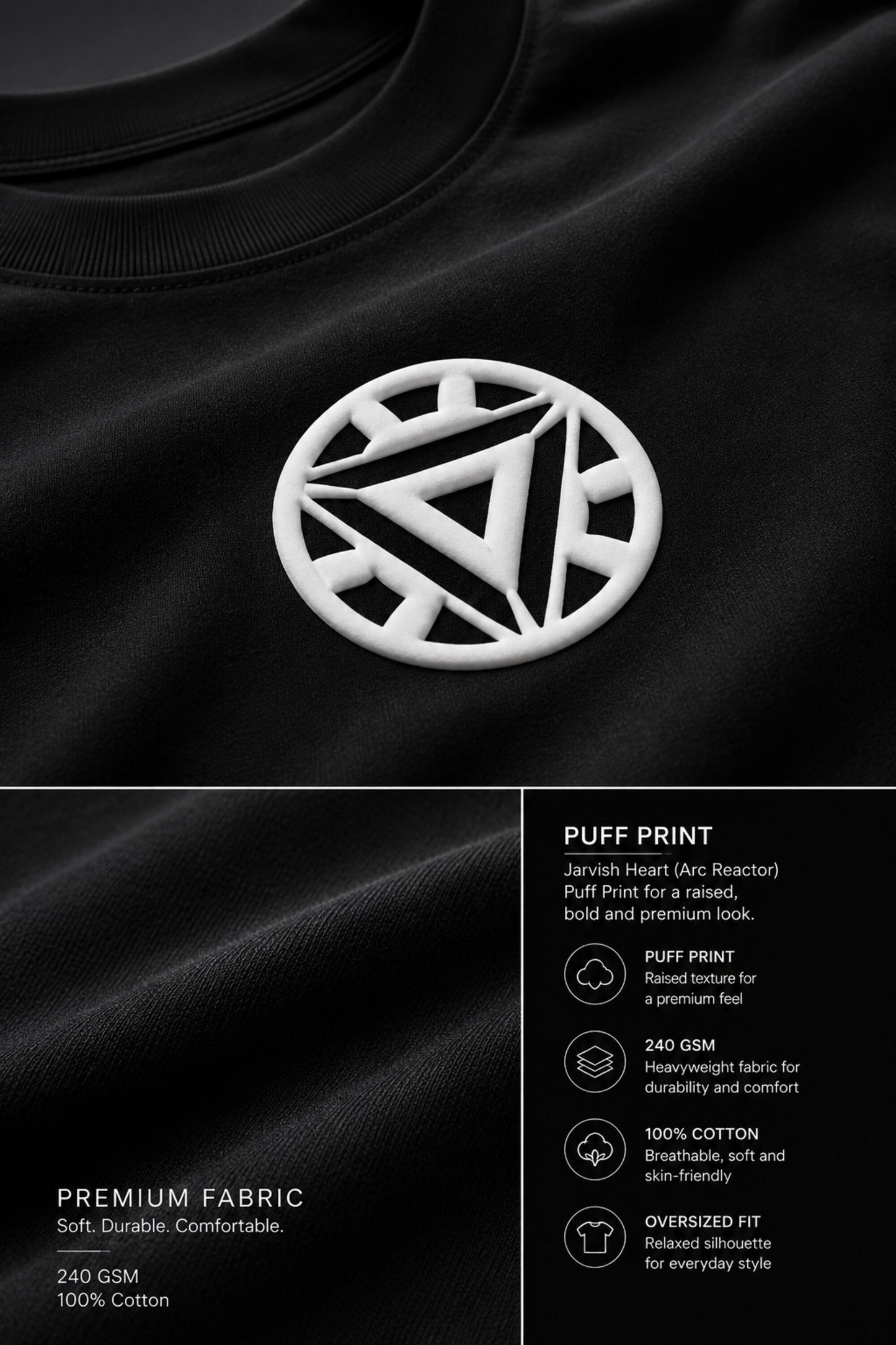Couple wearing black Iron Man Jarvish oversized t-shirts. Man's back shows "IRON MAN" logo. Woman's front shows Iron Man arc reactor logo. Dark grey background.