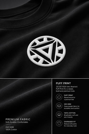 Couple wearing black Iron Man Jarvish oversized t-shirts. Man's back shows "IRON MAN" logo. Woman's front shows Iron Man arc reactor logo. Dark grey background.
