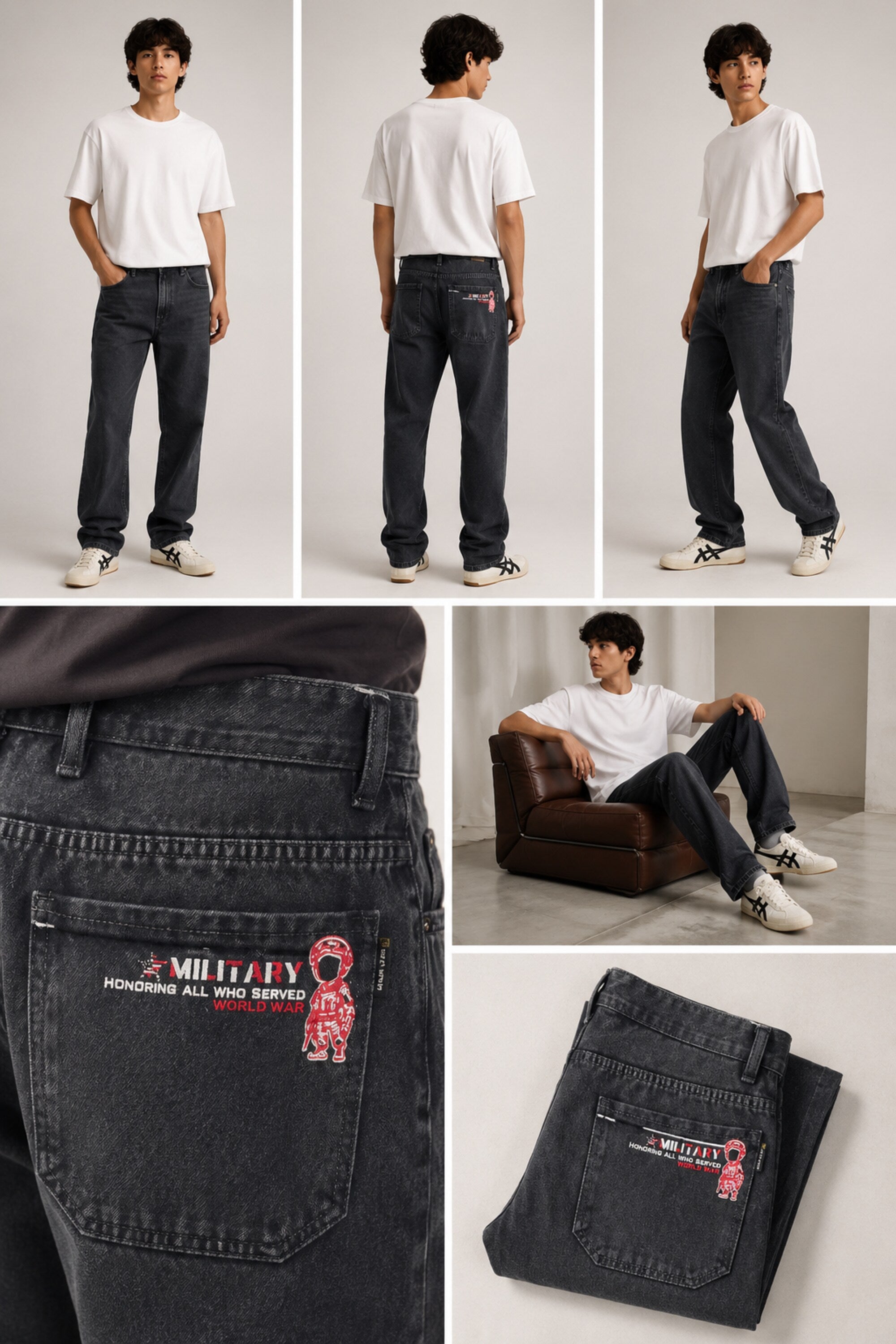 Collage of a person wearing black jeans with a brand logo, shown from multiple angles.