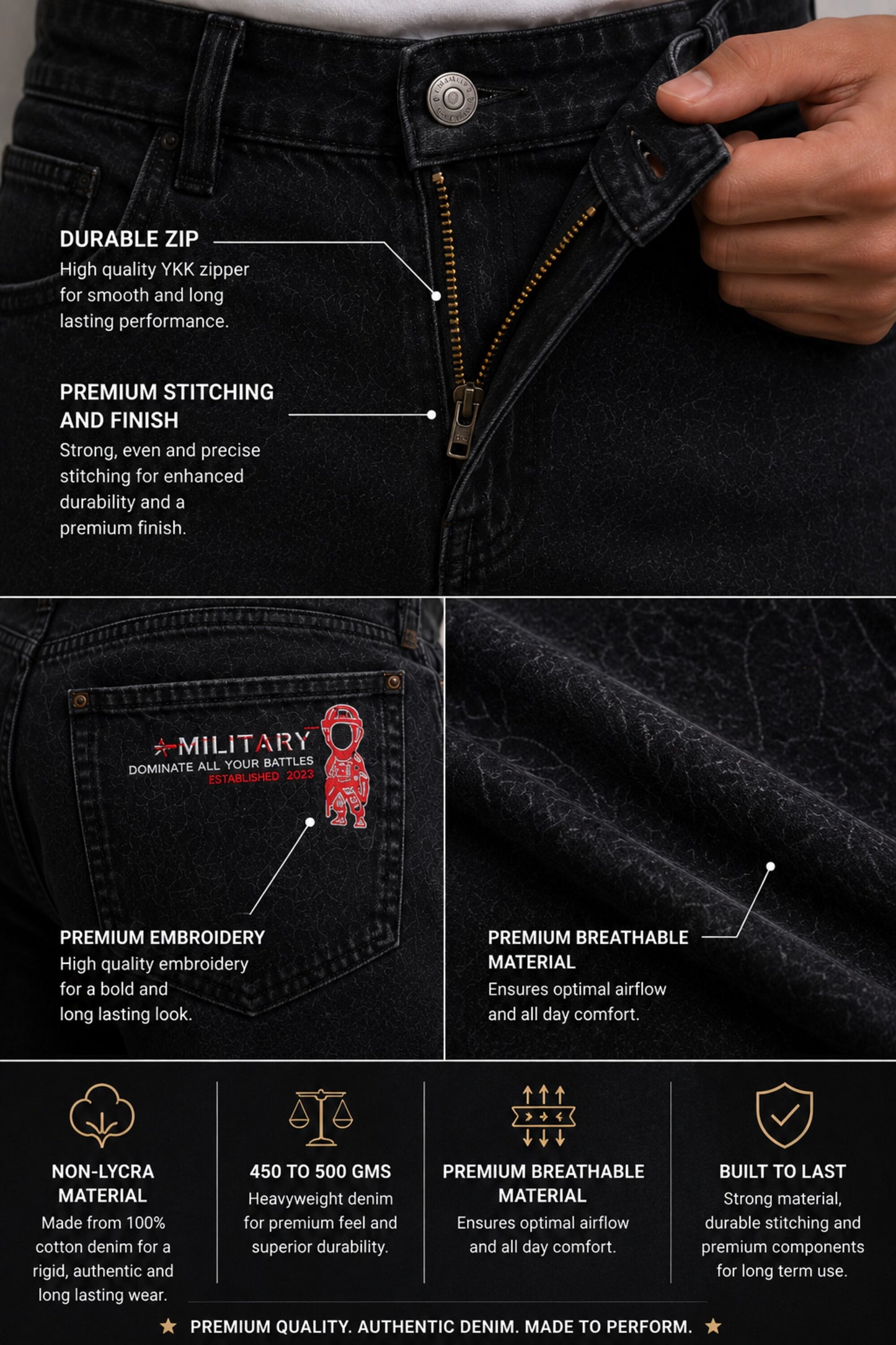 Black denim jeans with text highlighting features like durable zip, premium stitching, and premium quality.