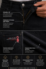 Black denim jeans with text highlighting features like durable zip, premium stitching, and premium quality.