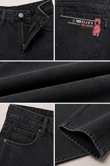 Collage of black denim jeans with a brand logo on the pocket.