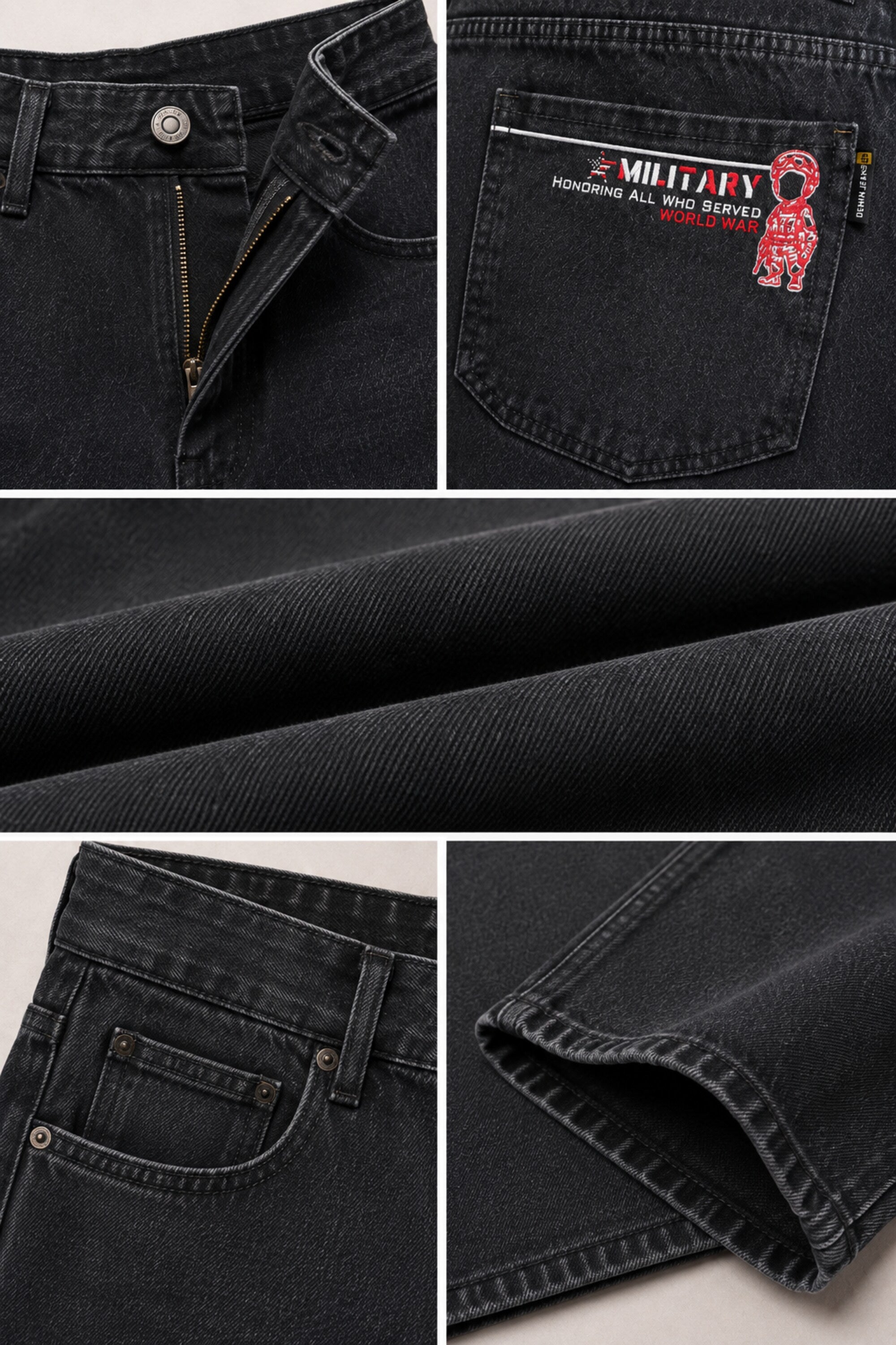 Collage of black denim jeans with a brand logo on the pocket.