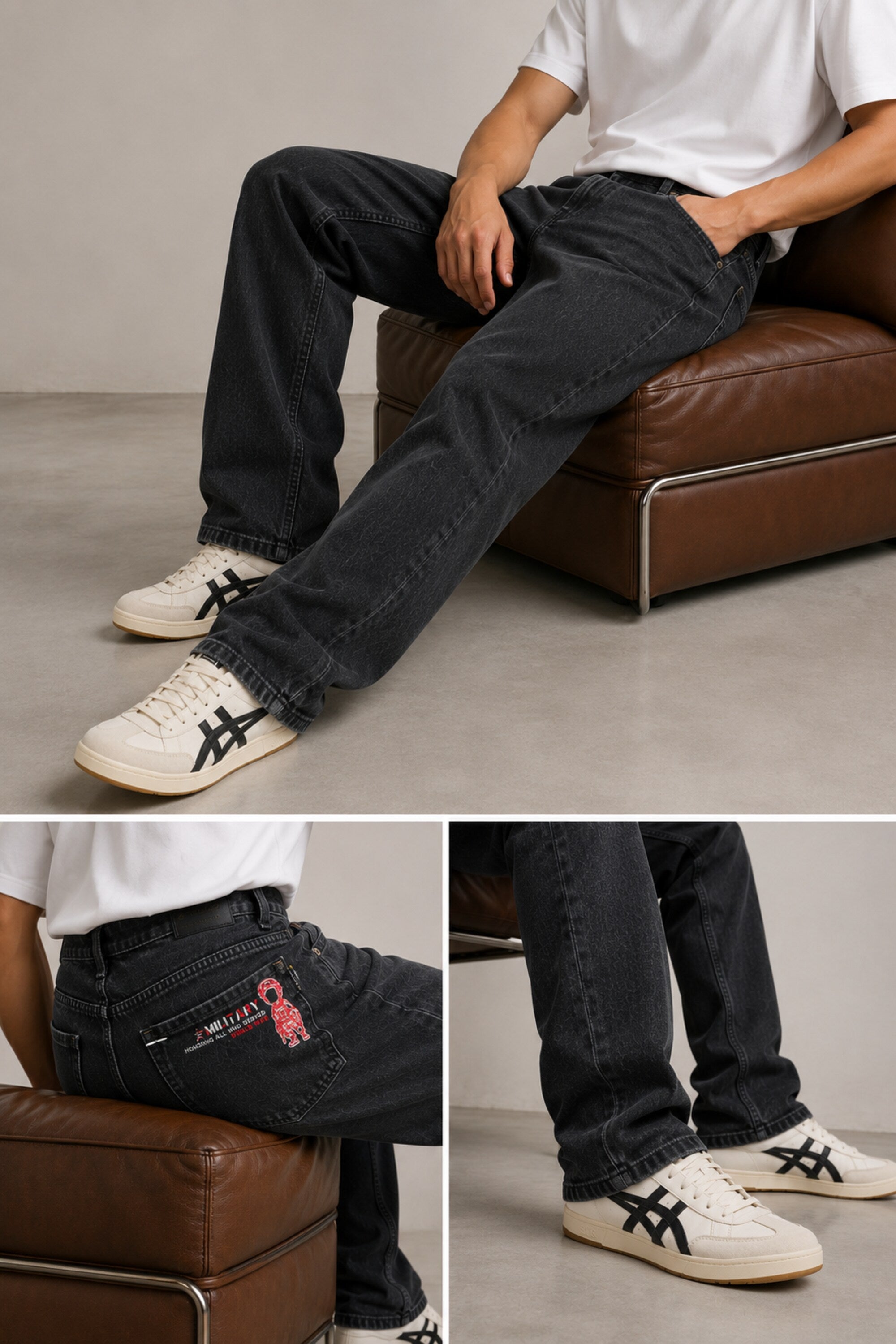 Person wearing dark jeans and white sneakers sitting on a brown leather chair.