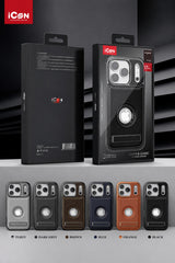 Phone case packaging with iCON branding and color options displayed below.