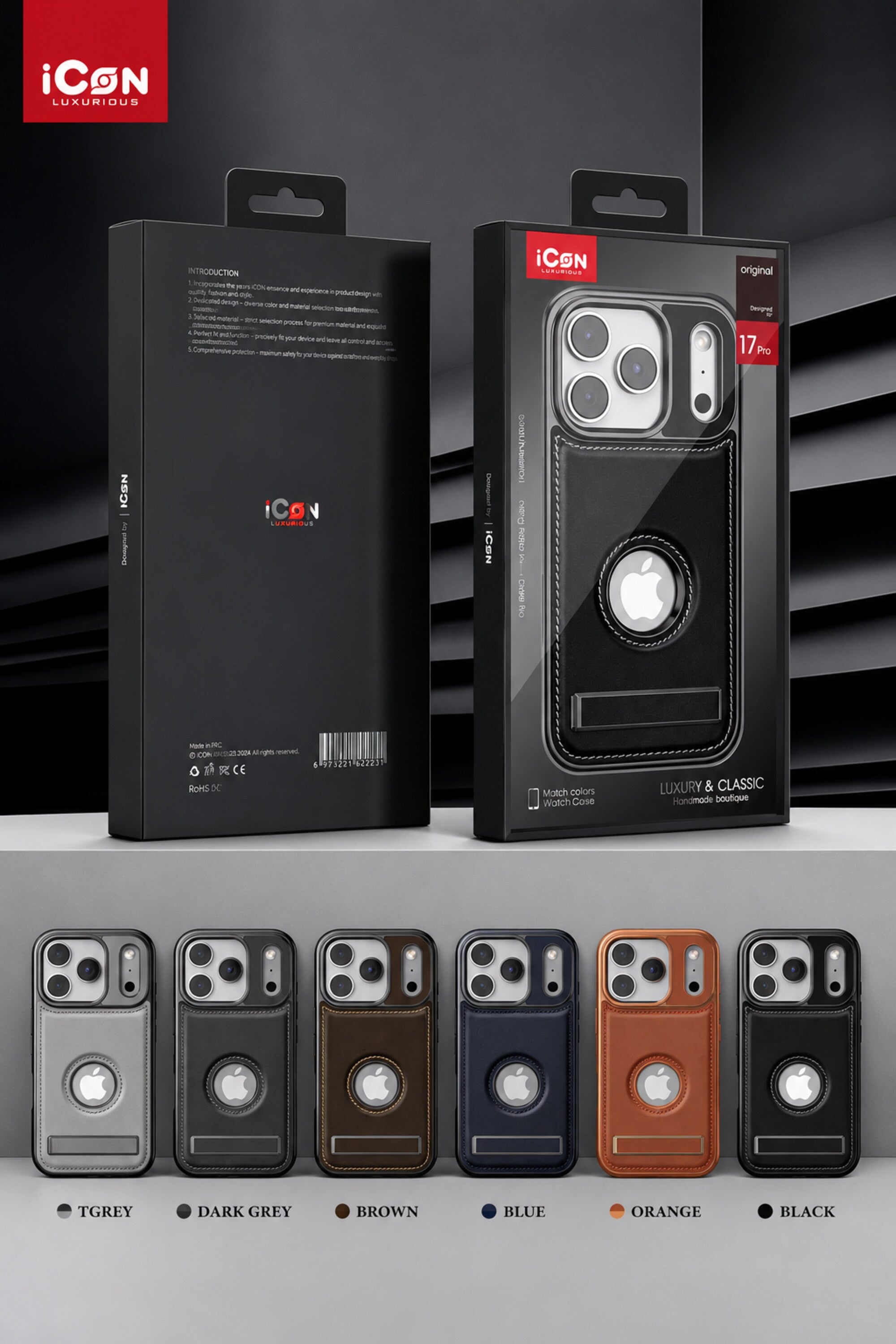Phone case packaging with iCON branding and color options displayed below.