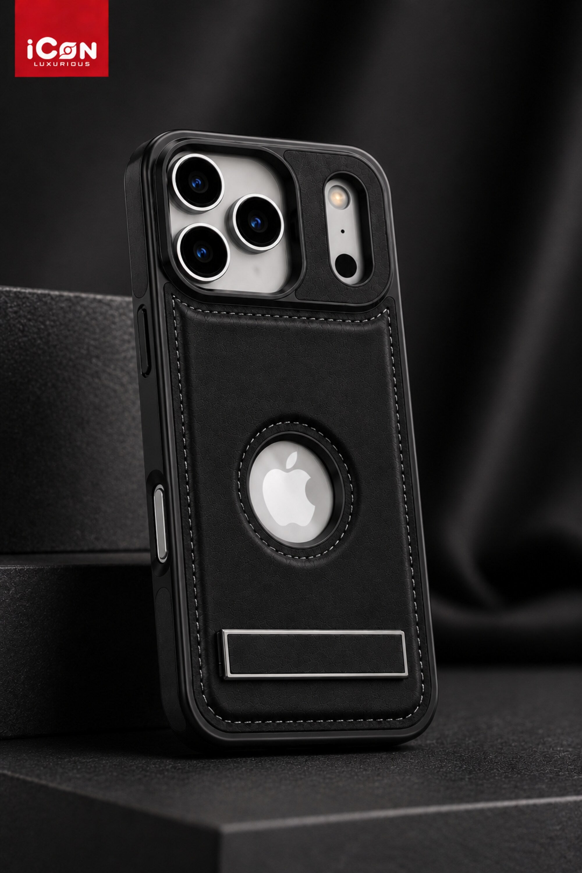 Black phone case with Apple logo on a dark background