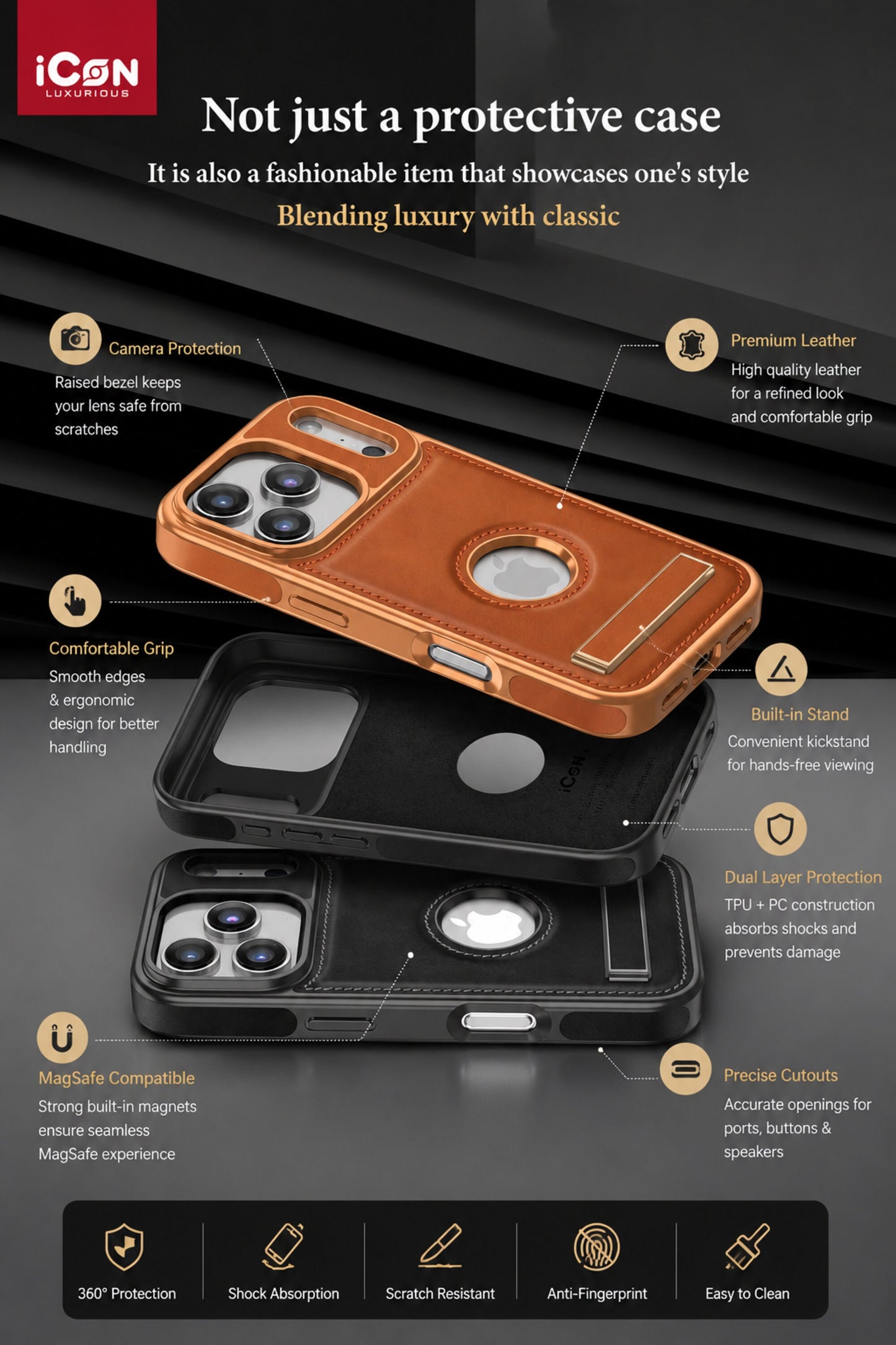 Phone case with features highlighted on a dark background