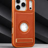 Brown leather phone case with Apple logo on a gray background