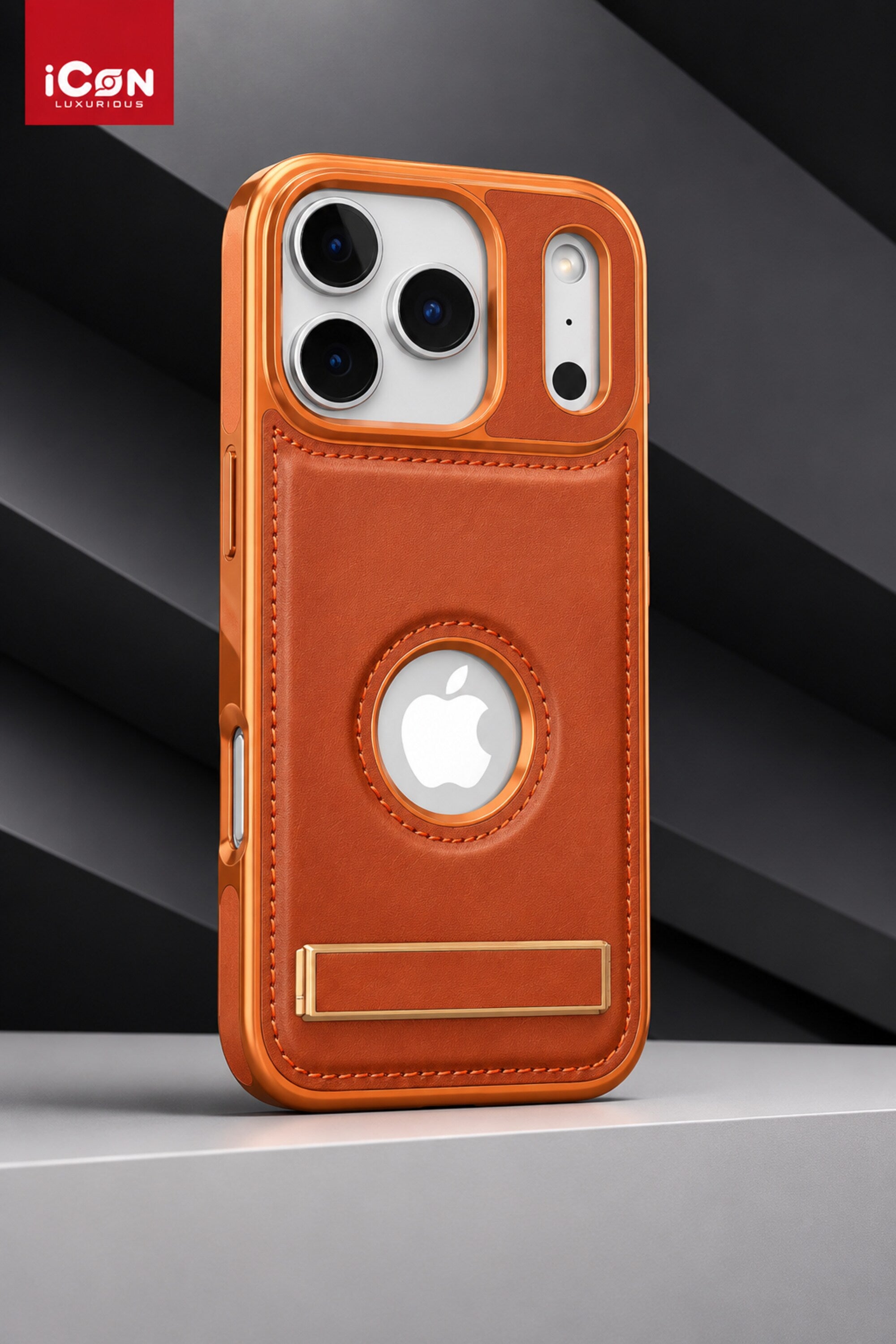 Brown leather phone case with Apple logo on a gray background