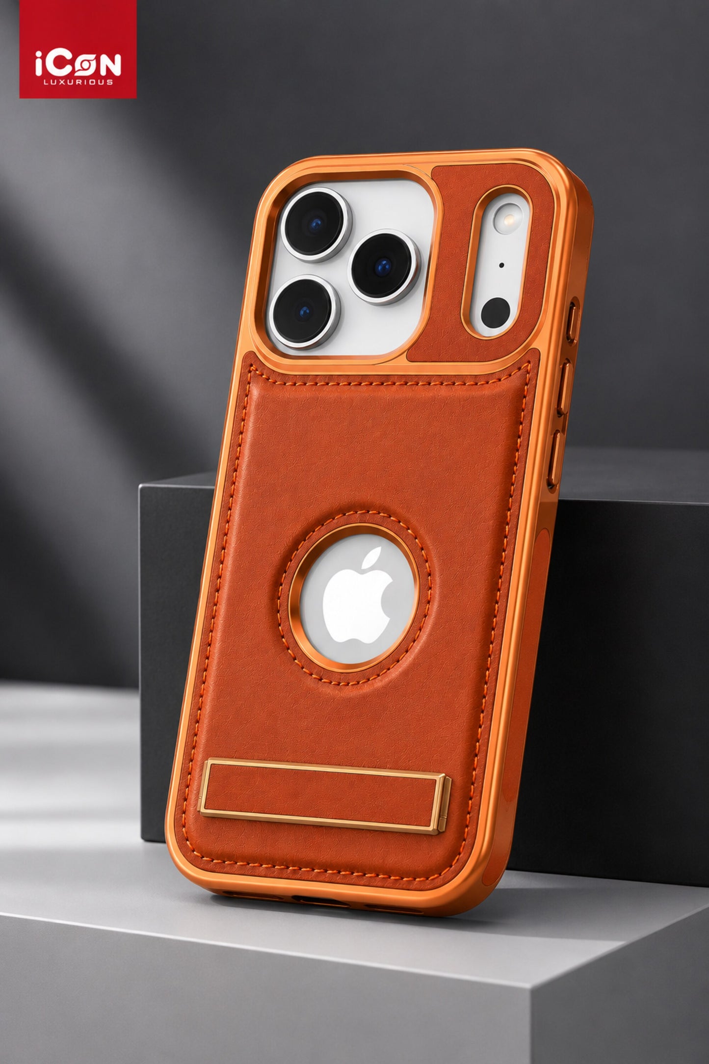 Brown leather phone case with Apple logo on a gray background