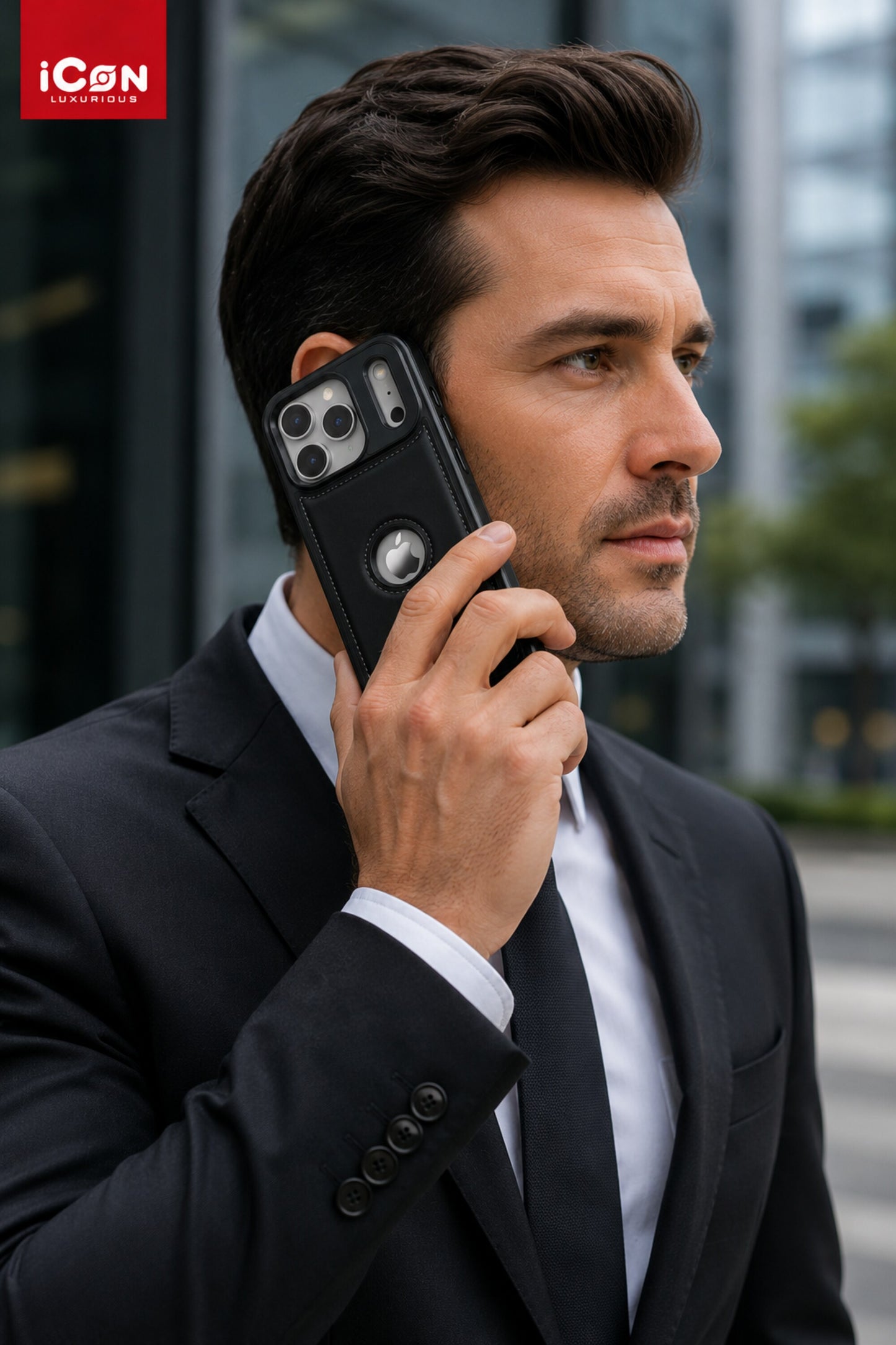 Man in a suit talking on a phone with an iCON logo in the corner