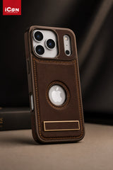 Brown leather phone case with Apple logo on a dark background