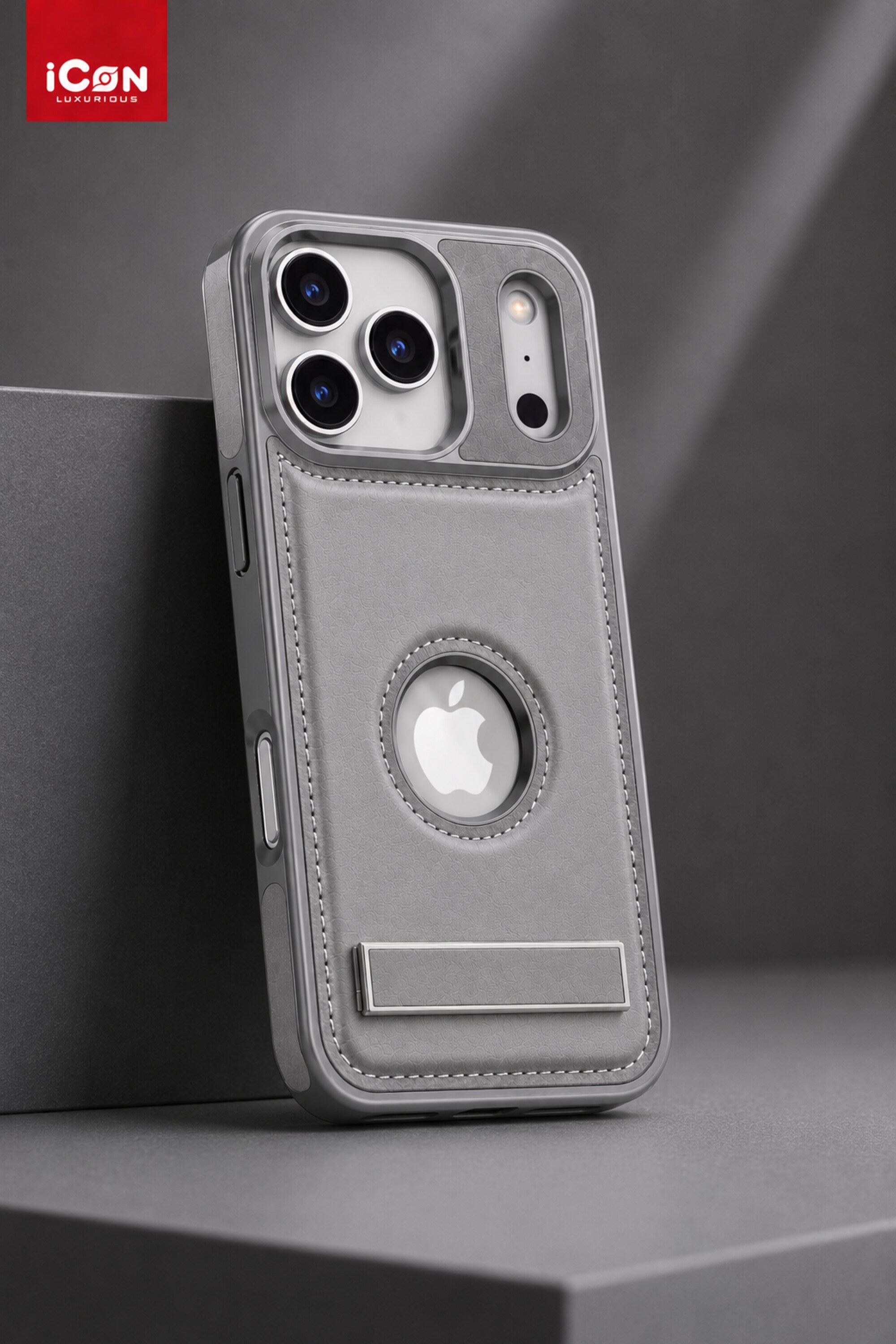 Gray phone case with Apple logo on a dark gray background