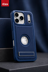 Blue phone case with Apple logo on a dark background