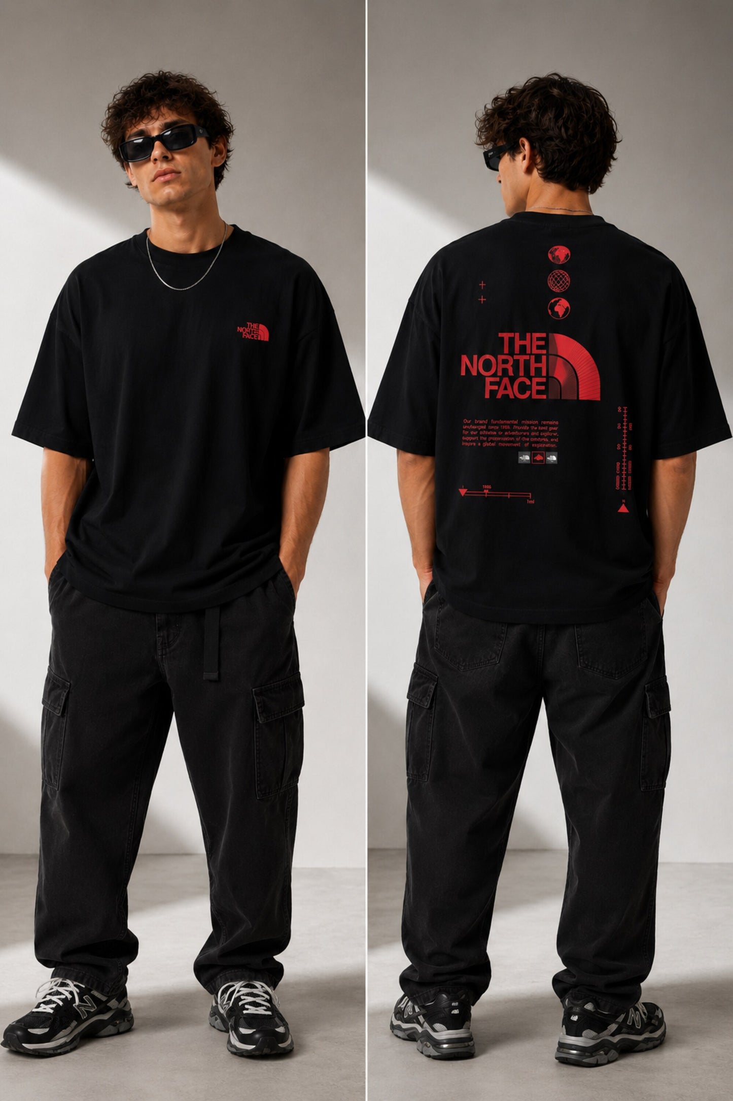 Model wearing a white POP-FROM-THE-NORTH oversized t-shirt with a small red logo on the chest, styled with black cargo pants, showcasing a relaxed streetwear fit. - black