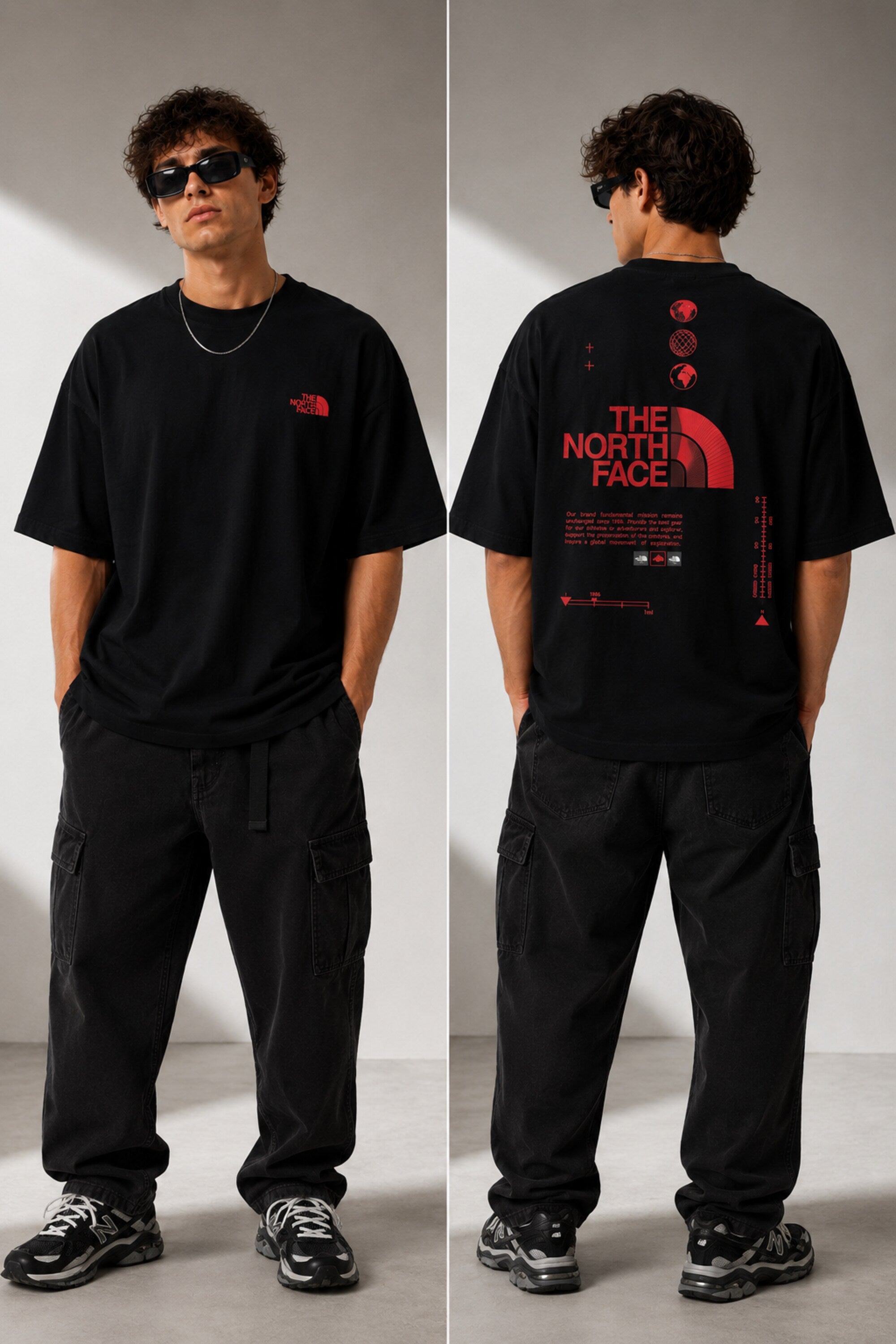 Model wearing a white POP-FROM-THE-NORTH oversized t-shirt with a small red logo on the chest, styled with black cargo pants, showcasing a relaxed streetwear fit. - black