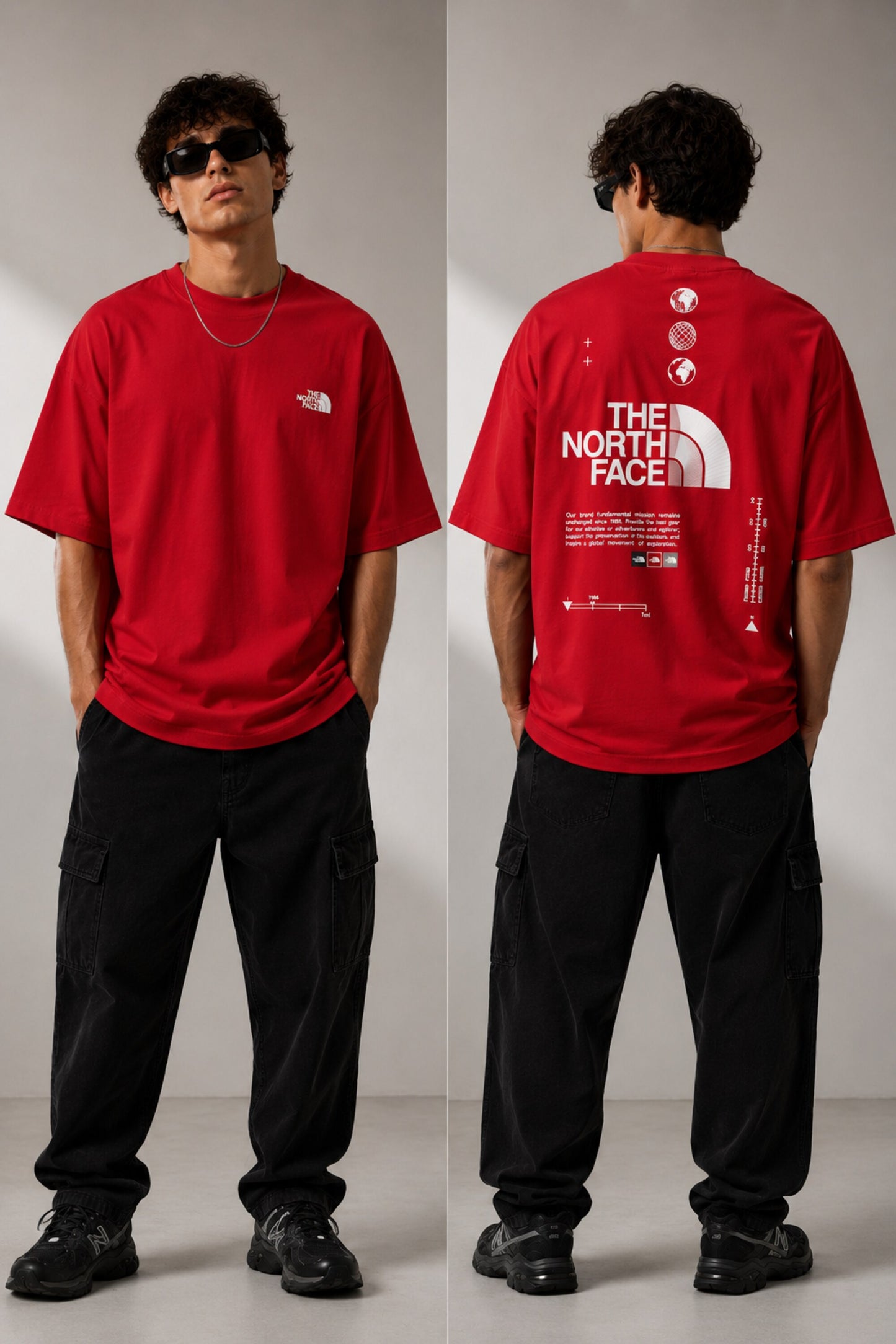 Model wearing a white POP-FROM-THE-NORTH oversized t-shirt with a small red logo on the chest, styled with black cargo pants, showcasing a relaxed streetwear fit. - red