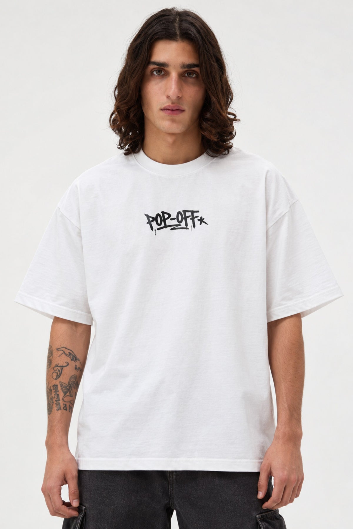 White oversized tshirt with Broke But Rich glamorous girl red dumpster graphic on back, drop shoulder boxy fit, men India