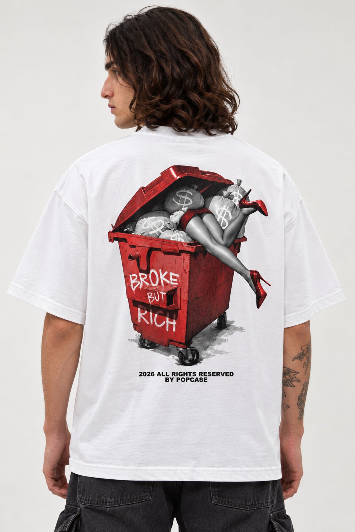 White oversized tshirt with Broke But Rich glamorous girl red dumpster graphic on back, drop shoulder boxy fit, men India - white